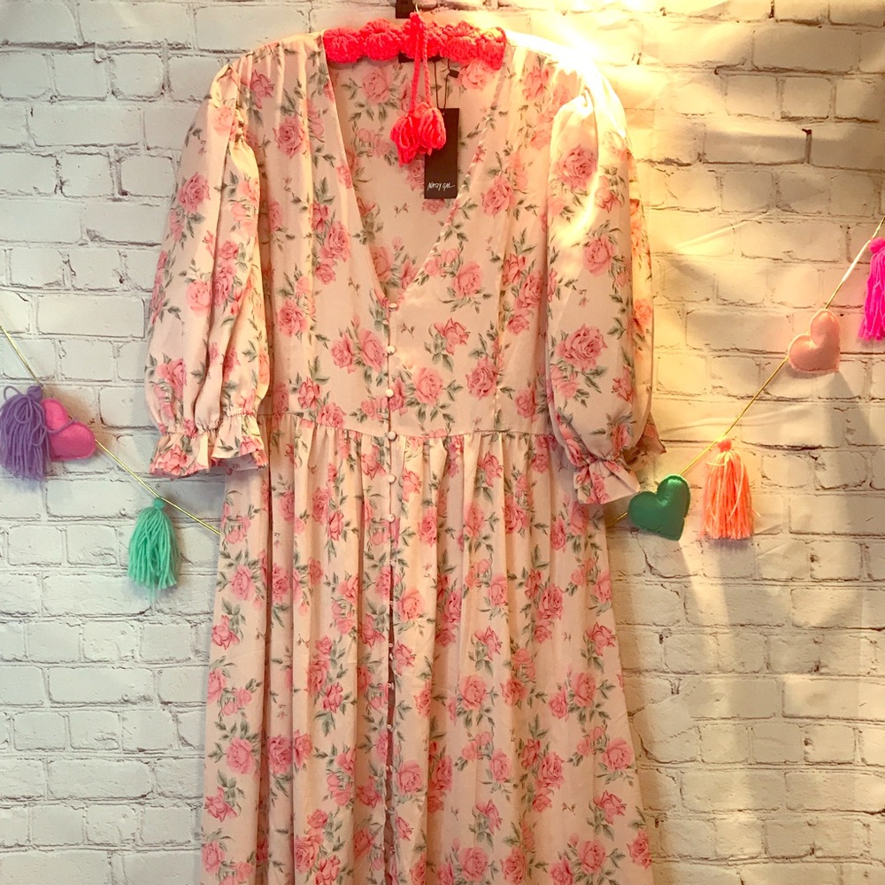 Nasty Gal floral midi dress size 18 puff sleeves